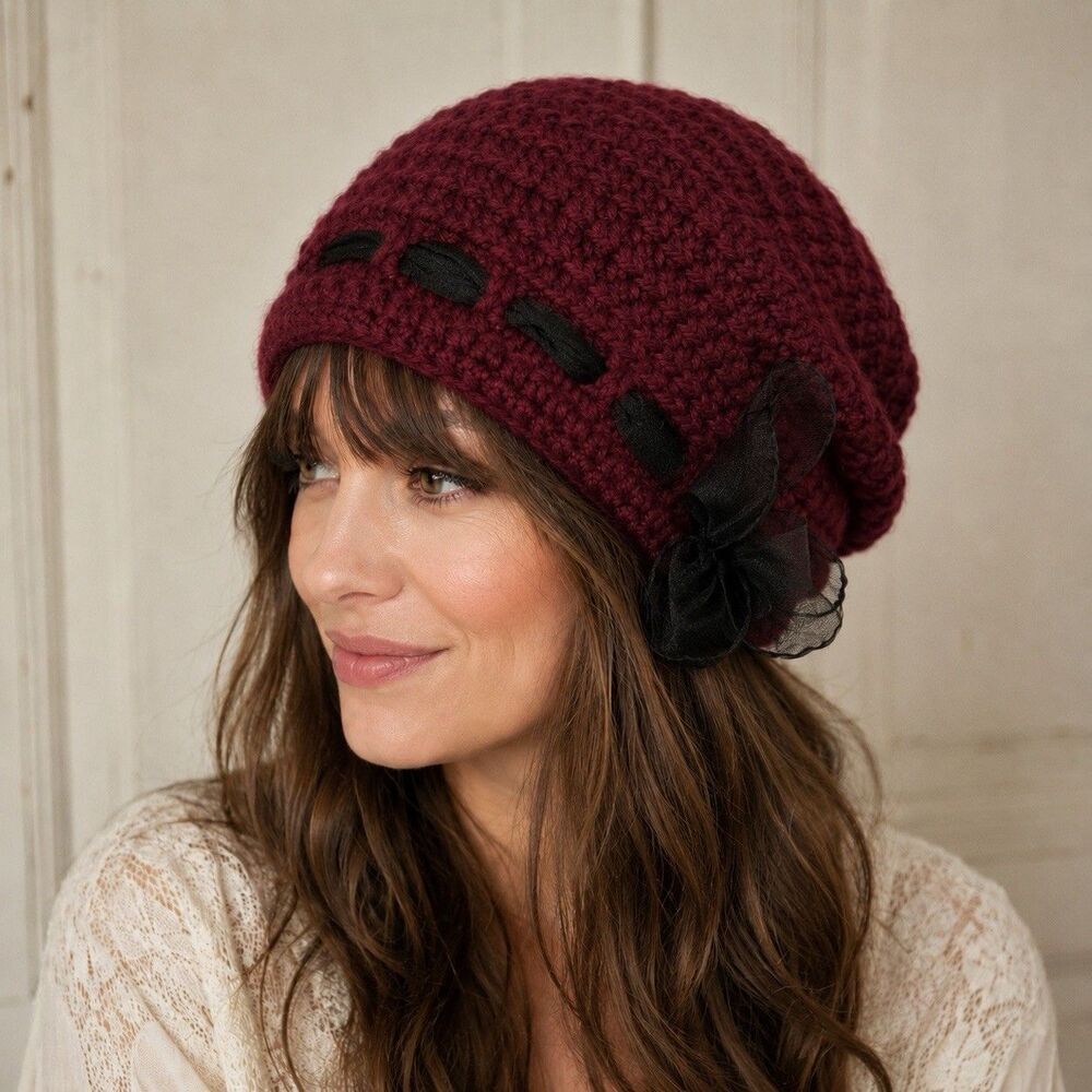 Vintage 1950’s Hand Knitted Hat Slouch Cap Women's Burgundy Black Scarf Accent